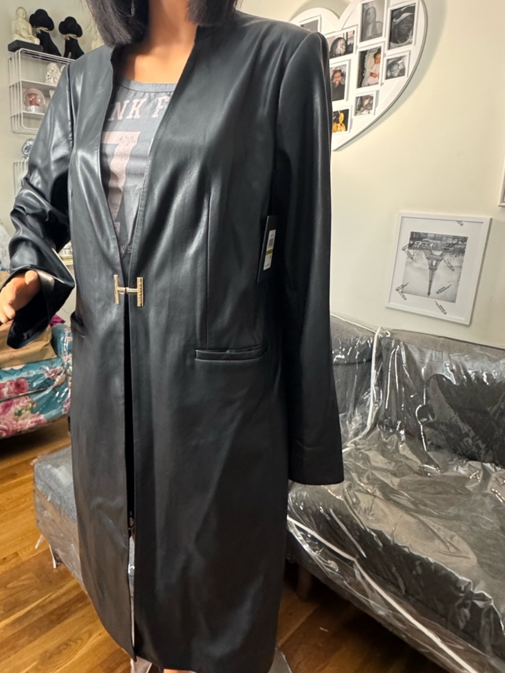 H by Halston Black Faux Leather Long Trench Coat Chic Minimalist with H-Hook NWT - Picture 2 of 5